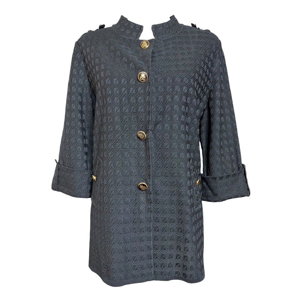 Ming Wang Vintage Y2K Cardigan L Black Textured Knit Gold Button Preppy Jacket